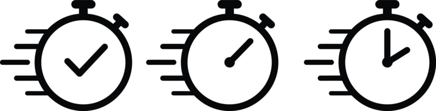 Set of speed timer clock icons with motion lines stopwatch symbols fast time management quick response fast pace motion effect icon set