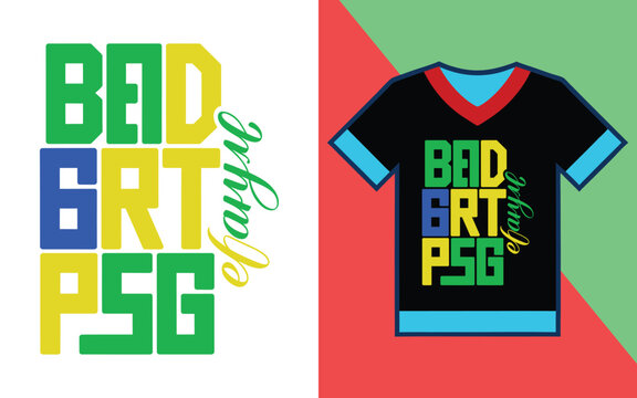 Bad grt psg typography with cursive script on a black t-shirt mockup, colorful block letters