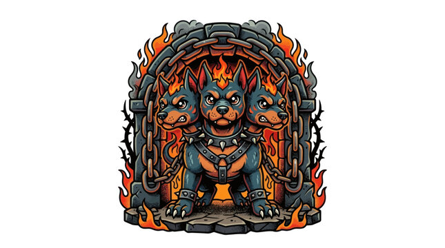 Mythical Three Headed Guardian Dog With Fiery Mane Standing By Ancient Stone Archway And Chains