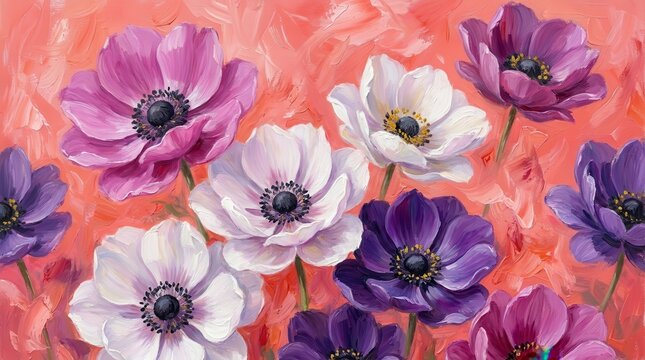 Painted anemone flowers display vibrant purple and white hues on a coral background