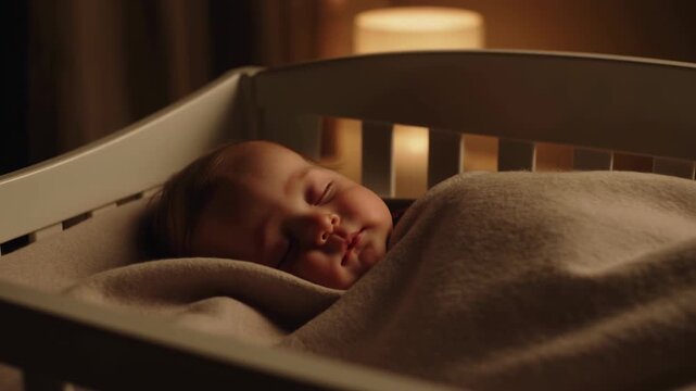 Sleeping infant rests under soft textured blanket inside white wooden crib, surrounded by warm lamplight, dark curtains, gentle shadows, and calm nighttime interior atmosphere