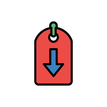 Red price tag icon with blue downward pointing arrow.