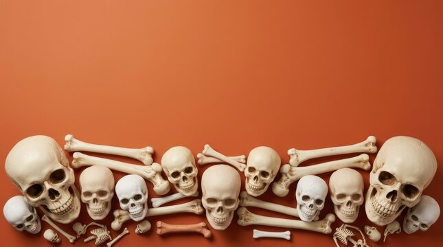 Skeletons arranged in pixel art style against red background
