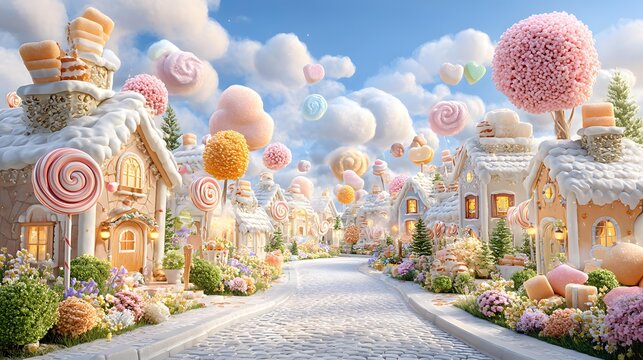 Dreamy Rainbow Sweet Treats Digital Wallpaper Whimsical Candy Village with Floating Sweets in Sky Pastel Rainbow Candy Nursery Wallpaper Kawaii Candy Shapes Kids Room Background 