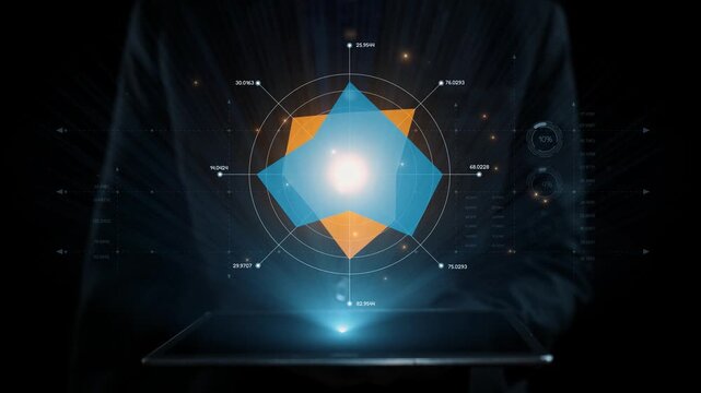 A business professional showcases a captivating data visualization on a tablet, featuring vibrant geometric shapes and graphs against a sleek dark background. Qubit