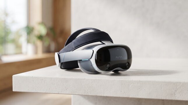 A contemporary virtual reality headset is shown resting peacefully on a light surface in a well lit interior space