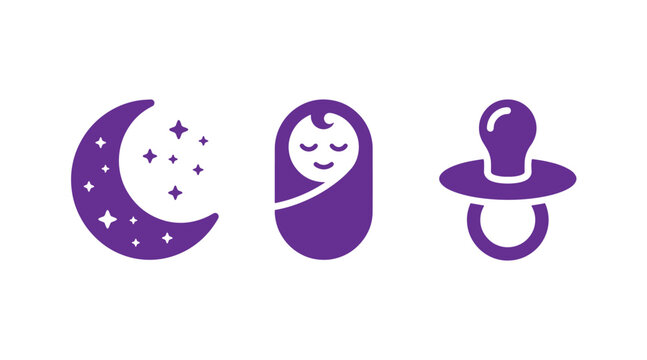Baby bedtime and nursery icon set featuring moon sleeping baby pacifier sleeping pacifier illustration parenting childhood minimalist childcare development nurturing