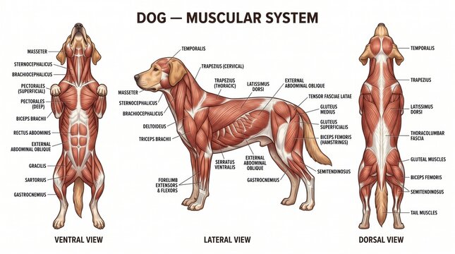 Detailed anatomical illustration of a dogs muscular system from ventral lateral and dorsal views