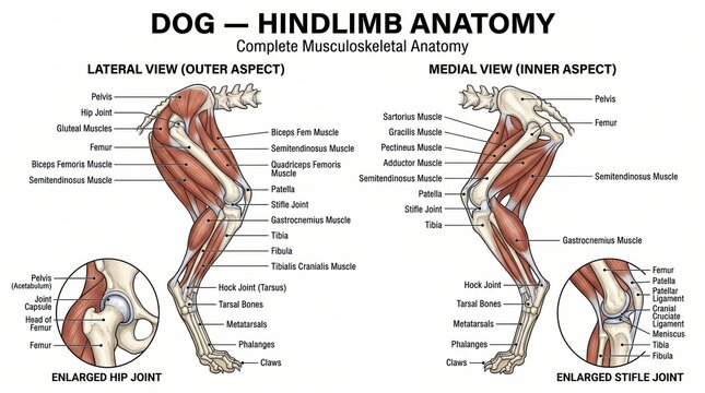 Detailed diagram illustrates dog hindlimb musculoskeletal anatomy with lateral and medial views