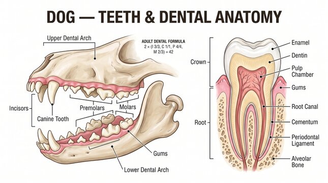 Detailed illustration of dog teeth and dental anatomy showing skull structure and tooth crosssection