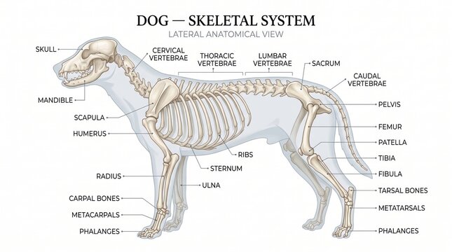 Dog skeletal system lateral anatomical view with labels