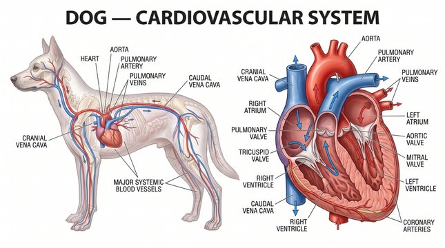 Diagram illustrating the dog cardiovascular system and its central heart organ