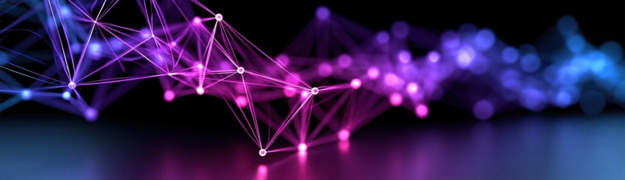 Abstract glowing polygonal network mesh connection background with purple and blue light nodes