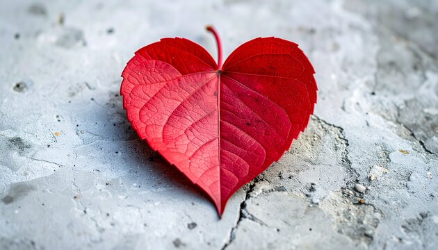 Heart Shaped Red Leaf Resting on Concrete Surface
