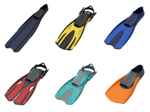 Collection of six colorful rubber swim fins for snorkeling and scuba diving in various styles and shapes isolated on a transparent background