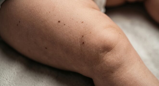Close up of a child's leg and knee covered with multiple small dark moles or freckles