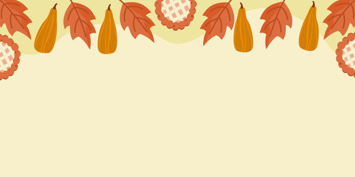 Thanksgiving pumpkin pie border background with autumn leaves and copy space. Fall autumn background vector illustration.