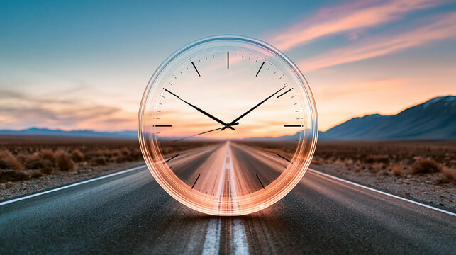 A transparent clock floats over an empty desert road at sunset, symbolizing the passage of time in a vast, open landscape.