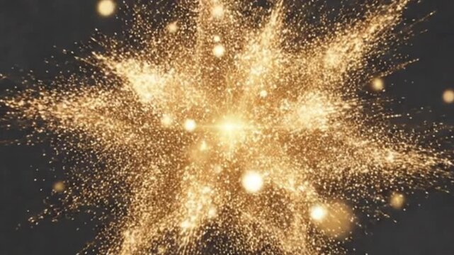 A cinematic high-resolution 4K slow motion footage of a beautiful golden star shaped explosion made of glowing magical light particles isolated on a dark background for professional video editing.