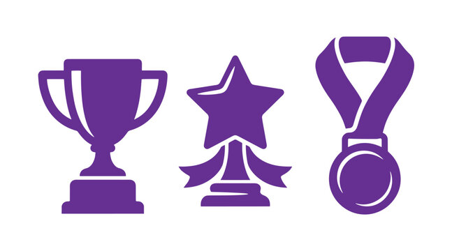 Purple icon set featuring award trophy star trophy and hanging medal symbols achievement competition champion excellence recognition business collection celebration