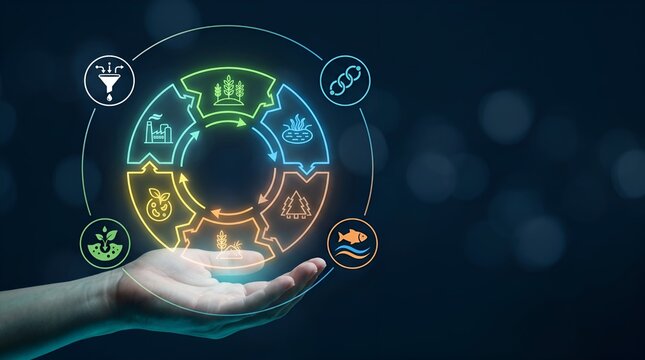 Circular economy concept with glowing icons on hand, bioeconomy ecosystem visual, sustainable business model background
