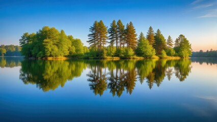 Obraz premium Serene lake view with trees reflected in calm water