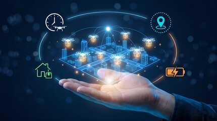 Obraz premium Futuristic smart city drone delivery network, glowing holographic city model in hand, autonomous transport technology