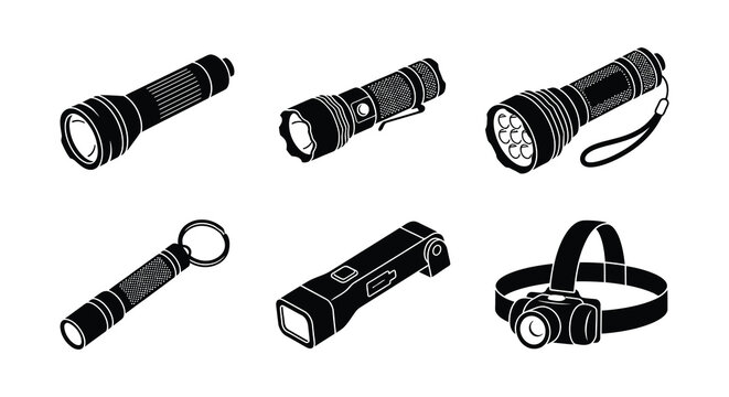 Line art flashlights in various styles a vector illustration