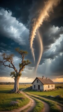 Large twister ravaging rural landscape with uprooted trees and crumbling buildings