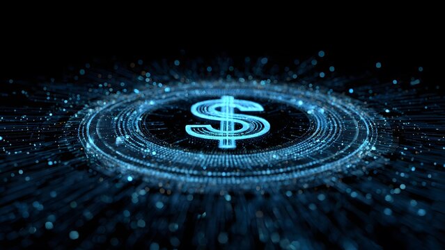 Digital dollar currency sign abstract background with blur particle and circuit board element, global financial technology and investment concept.