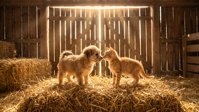 Cute puppy and kitten touching noses on farm