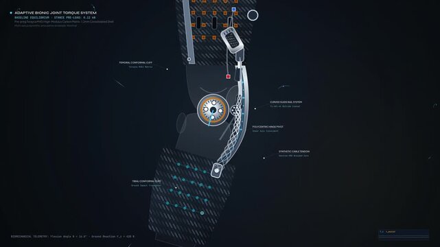 Educational animation of an adaptive bionic knee brace and synthetic tendon active torque assist system, displaying medical engineering schematics for an advanced robotic joint prosthetic
