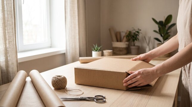 Person preparing cardboard box for shipping and delivery in bright