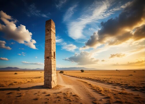A massive stone pillar stands alone in a vast