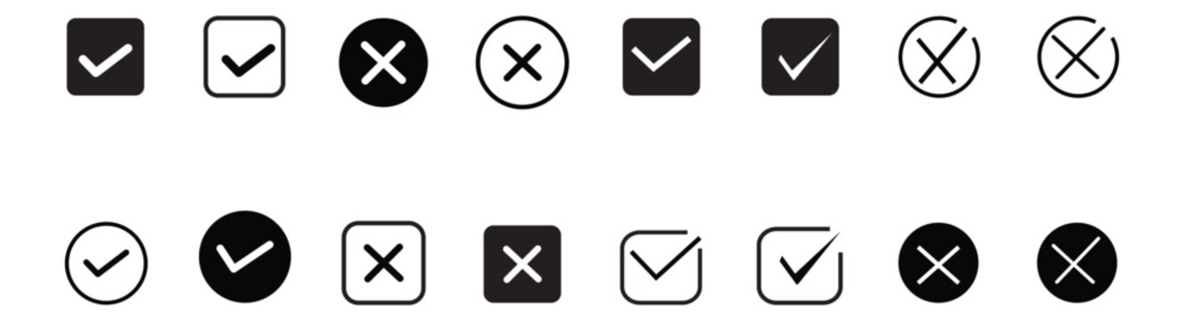 Check tick mark icon set. Cross box x check mark checkbox v list vector draw hand drawn sketch doodle brush marker checklist symbol wrong right circle. 