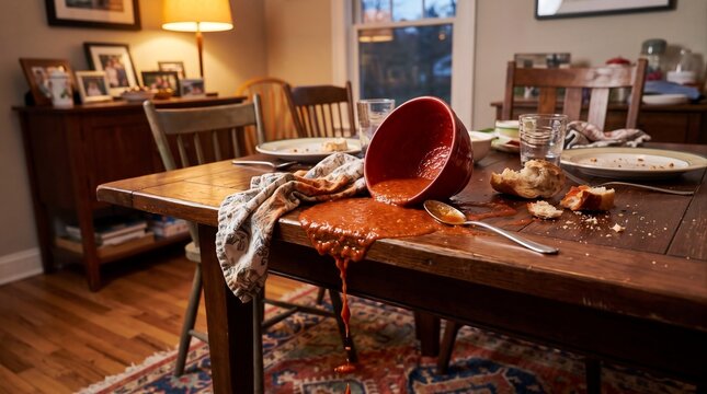 Accidental Soup Spill on Family Dining Table