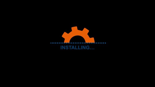 A modern software installation screen featuring a blue gear icon and an &ldquo;Installing&hellip;&rdquo; message on a dark background, representing system setup, configuration,