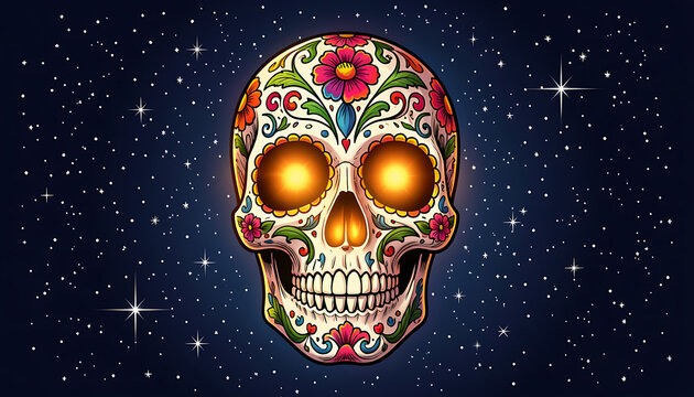 Intricate sugar skull design with floral and scroll patterns celebrating the traditional Day of the Dead festival.
