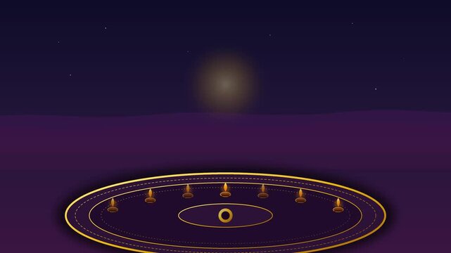 Glowing golden lamps arranged in mystical circular patterns under a starlit night sky video motion footage