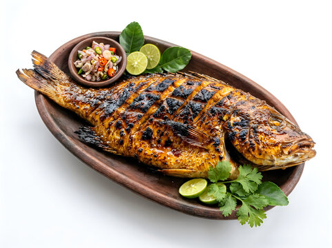 Traditional Indonesian Ikan Bakar Grilled Whole Fish with Sambal Matah and Lime on Clay Plate Isolated on White Background