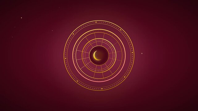 Golden celestial circle rotating over dark red background animation loop video footage