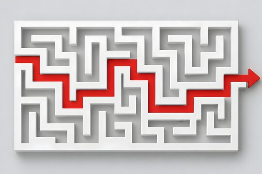 Red arrow navigating through a complex white maze representing strategic problem solving and overcoming business challenges