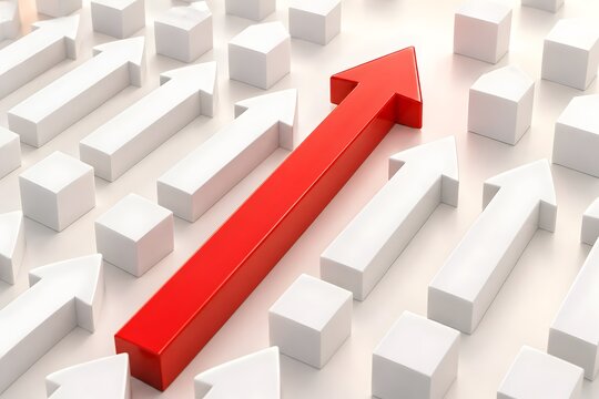 Large red 3d arrow leading the way among white arrows representing visionary leadership and proactive business growth