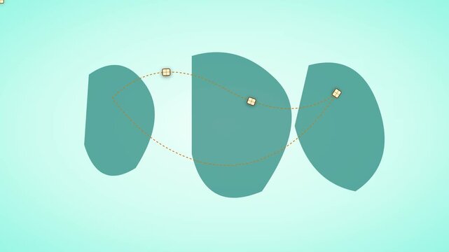 Abstract digital motion footage showing glowing squares traveling along dotted trajectory lines across teal shapes
