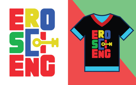 Colorful typography reading ero sc i eng with a yellow key displayed on a black t-shirt and white background