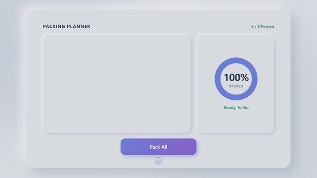 Packing planner checklist interface animation showing progress for travel items in clean ui design