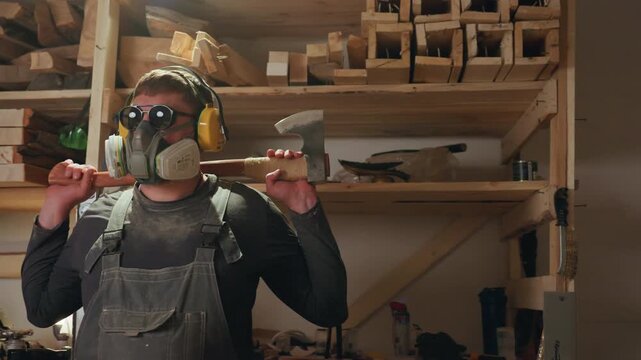 Carpenter works with safety equipment holding up axe inside of his shop. Man is dressed in overalls wearing mask and ear protection while surrounded by wood planks tools hanging on wall