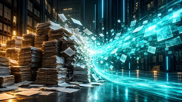 Conceptual 3D illustration of physical paper documents transforming into glowing digital data streams in a dark server room archive