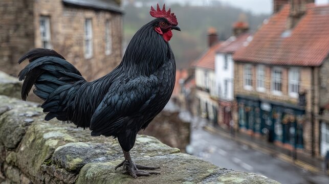 Black ayam cemani cockerel standing on a wall in hexham, england