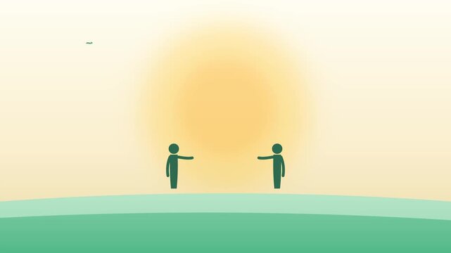 Animated figures walking towards each other on a glowing green planet digital art motion clip